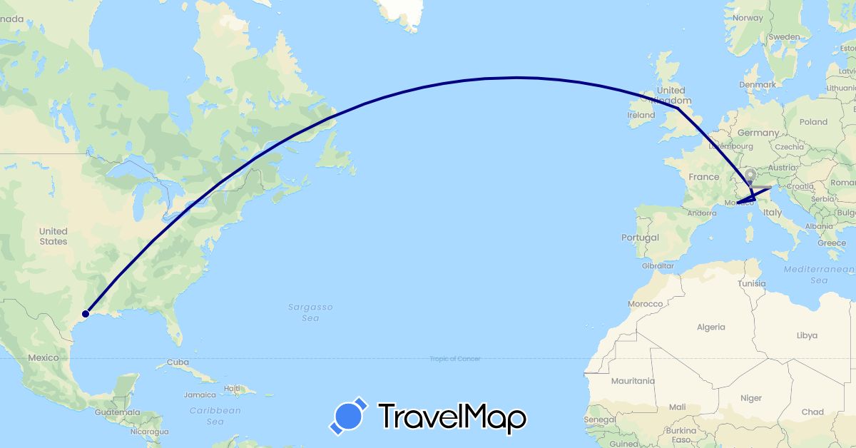 TravelMap itinerary: driving, plane in Switzerland, France, United Kingdom, Italy, United States (Europe, North America)